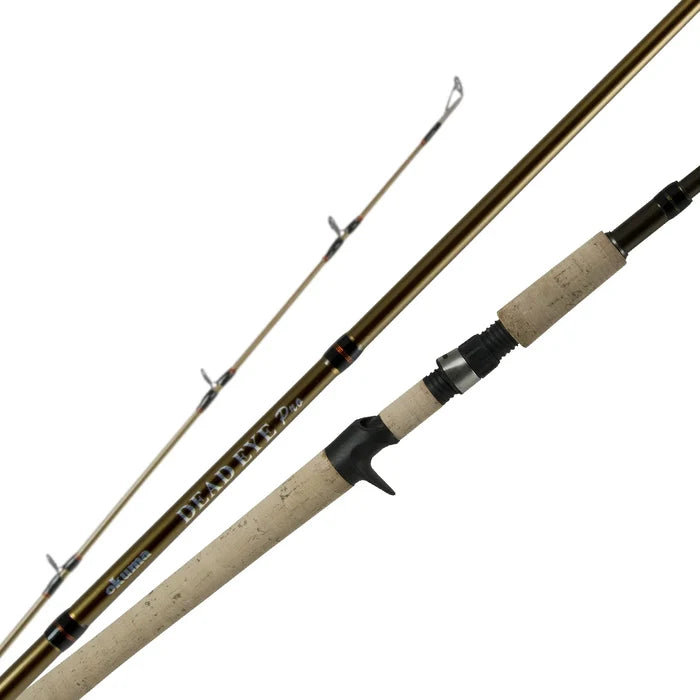 Okuma Dead Eye Pro "A" - Casting fishing rod featuring a brown and gold finish, ergonomic cork handle with trigger grip, and multiple line guides for precise casting.