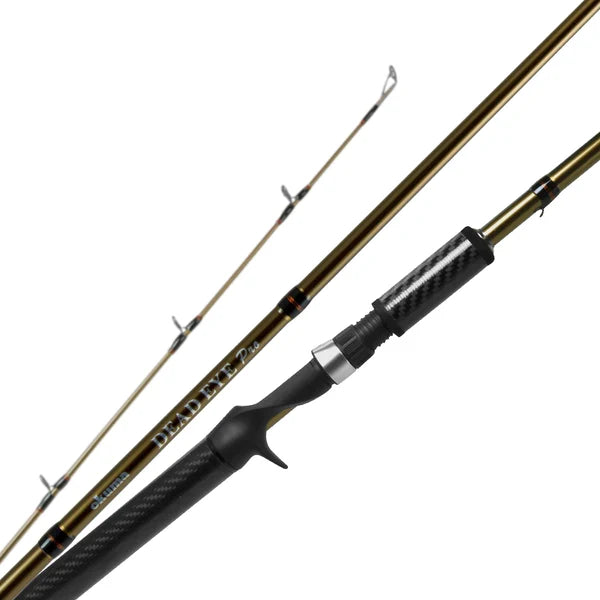 Okuma Dead Eye Pro "A" - Casting fishing rod featuring a sleek carbon fiber handle, a trigger grip for precision casting, and durable gold-toned rod blank with multiple line guides.