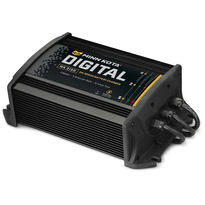 On-Board Digital Charger 3-Bank 5 Amp 1823155 is a compact black marine electronic device with three connected charging cables and LED indicators for battery status.