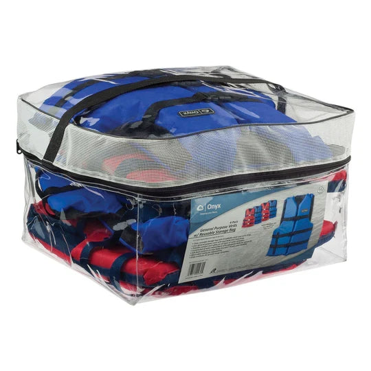 Clear plastic bag containing a 4 pack of Onyx Adult General Purpose Life Jacket - 4 Pack in blue and red colors, designed for safety and comfort during water activities.