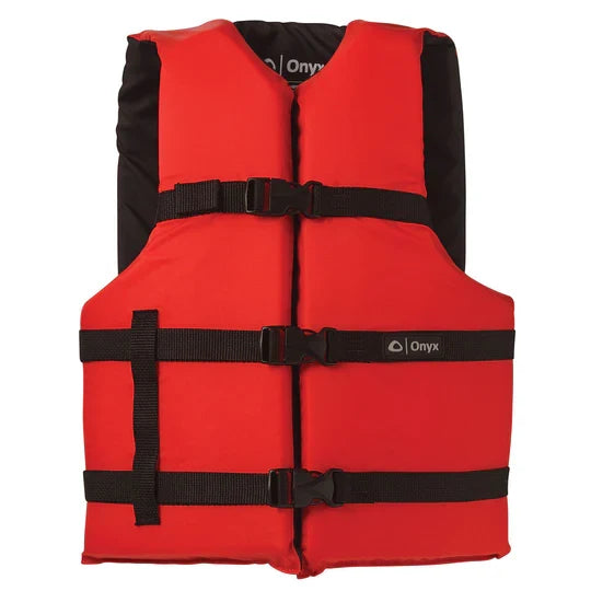 Onyx Adult General Purpose Life Jacket - 4 Pack featuring bright red durable material with adjustable black straps and quick-release buckles for secure fit and safety during fishing or water activities.