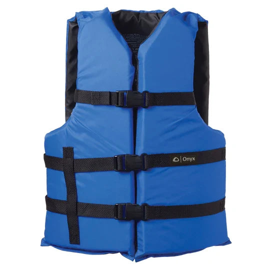 Blue Onyx Adult General Purpose Life Jacket - 4 Pack featuring three adjustable black straps with quick-release buckles for secure fit and easy wear.