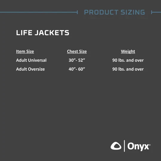 Onyx Adult General Purpose Life Jacket - 4 Pack sizing chart showing chest size ranges and weight requirements for Adult Universal and Adult Oversize life jackets.