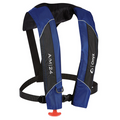 Onyx A/M-24 - Auto/Manual Inflatable Life Jacket in blue and black with adjustable straps and red pull cord designed for safety during fishing and boating activities.