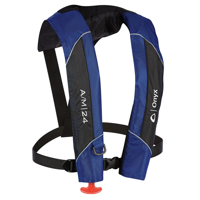 Onyx A/M-24 - Auto/Manual Inflatable Life Jacket in blue and black with adjustable straps and red pull cord designed for safety during fishing and boating activities.