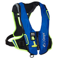 Onyx Impulse A/M-33 All Clear - Auto/Manual Inflatable Life Jacket in blue and black with neon yellow trim, designed for safety and comfort in fishing and marine activities.