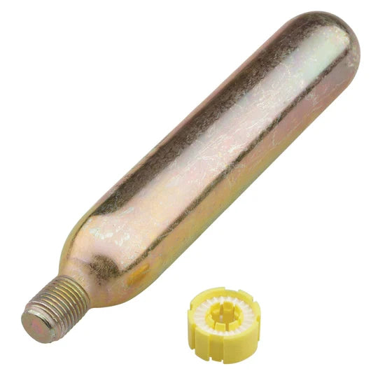 Onyx Rearming Kits showing a metallic CO2 cartridge with a threaded end and a small yellow plastic component designed for refilling fishing tackle equipment.