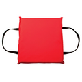 Onyx Throwable Foam Cushion in bright red with black carrying handles on each side, designed for safety and easy use in fishing or marine environments.