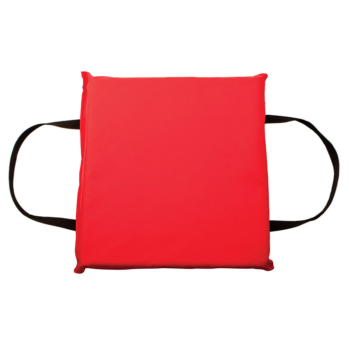 Onyx Throwable Foam Cushion in bright red with black carrying handles on each side, designed for safety and easy use in fishing or marine environments.
