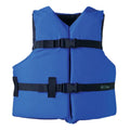 Blue Onyx Youth General Purpose Life Jacket with adjustable black straps and buckles for secure fit, designed for water safety and outdoor fishing activities.