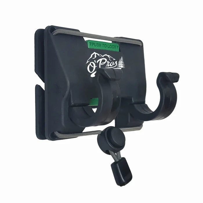 Black O'Pros Belt Clip Rod Holder with spring-loaded clip and locking mechanism designed to securely hold fishing rods and reels, ideal for fishing tackle organization.