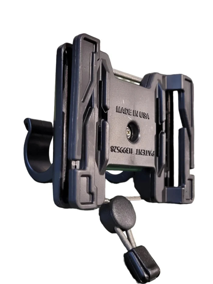 O'Pros Belt Clip Rod Holder made of black durable plastic with adjustable clamp and securing strap, designed to attach fishing rods securely to a belt or gear.