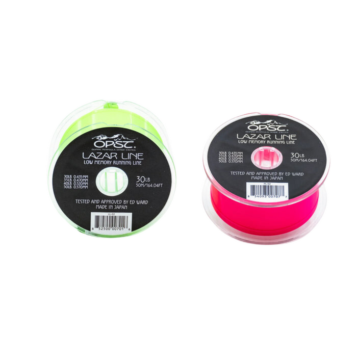 Two spools of OPST Lazar Line low memory running fishing line, one neon green and one bright pink, each labeled 30 lb test and made in Japan, designed for fishing tackle use.