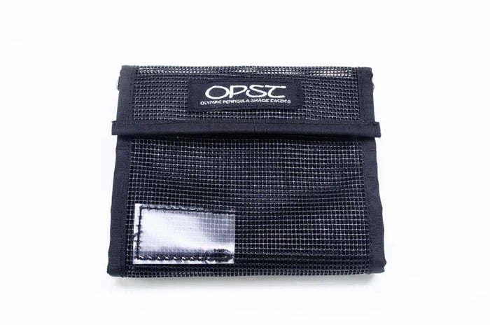 OPST Sink Tip Wallet made of black mesh material with a Velcro closure, designed to organize and store fishing tackle accessories compactly.