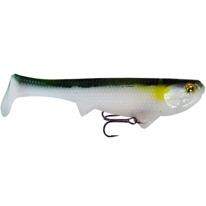 Optimum Baits Rigged Boom Boom Swimbait fishing lure designed with a lifelike white and green body, yellow accent near the head, and a sharp treble hook for effective fishing tackle.