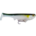 Optimum Baits Rigged Boom Boom Swimbait fishing lure designed with a lifelike white and green body, yellow accent near the head, and a sharp treble hook for effective fishing tackle.