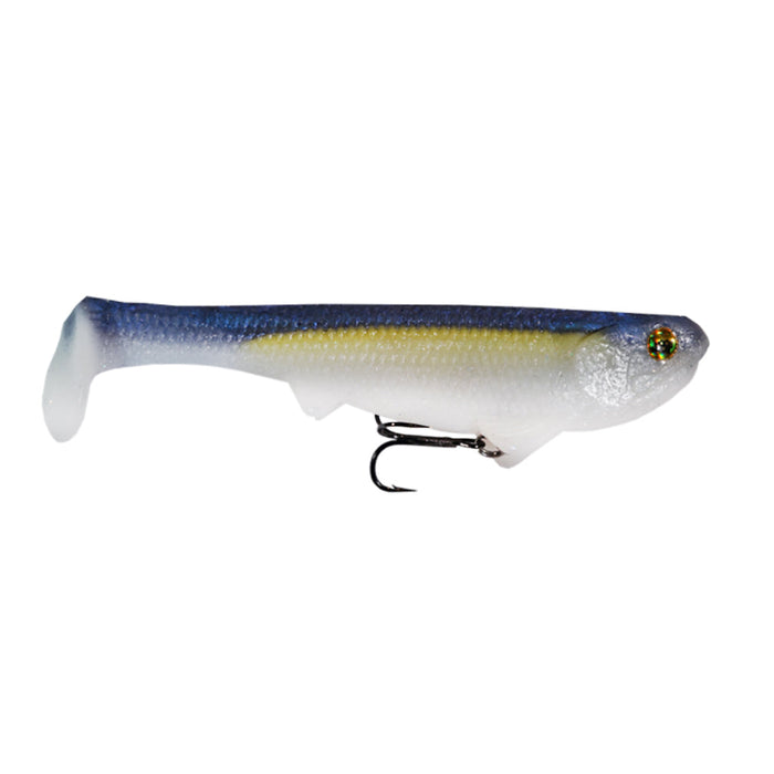 Optimum Baits Rigged Boom Boom Swimbait in blue, white, and yellow with lifelike eyes and a sharp treble hook, designed for effective fishing tackle use.