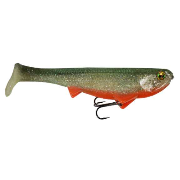 Optimum Baits Rigged Boom Boom Swimbait featuring a lifelike green and orange soft plastic body with detailed scales and a treble hook for effective fishing tackle use.
