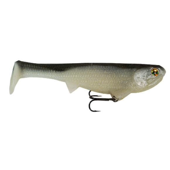 Optimum Baits Rigged Boom Boom Swimbait in natural shiner color, featuring a soft plastic body with a paddle tail and a sharp treble hook for effective fishing tackle use.