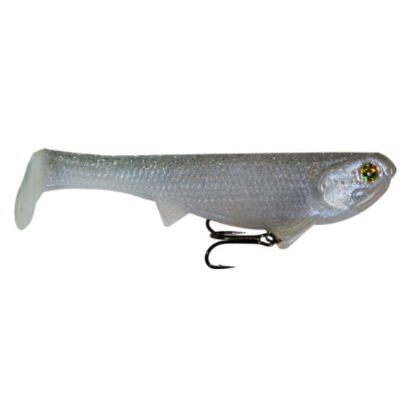 Optimum Baits Rigged Boom Boom Swimbait in silver-gray color with lifelike eye and textured body, featuring a treble hook underneath for fishing tackle use.