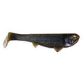 Optimum Baits Weedless Boom Boom Swimbait in dark natural colors with textured body and lifelike eyes designed for effective fishing tackle use.
