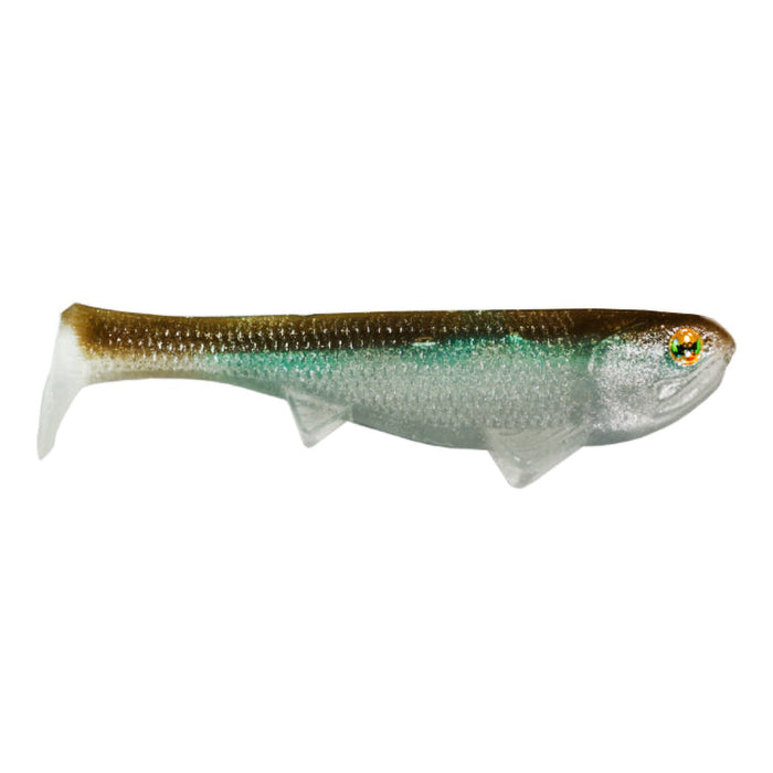Optimum Baits Weedless Boom Boom Swimbait, a soft plastic fishing lure with a realistic fish shape featuring a brown back, greenish sides, silver belly, and lifelike detailed eyes for effective fishing tackle.