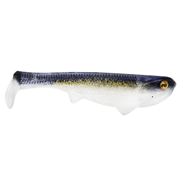 Optimum Baits Weedless Boom Boom Swimbait fishing lure in realistic fish shape with dark blue and white body, gold glitter accents, and orange detailed eye for effective fishing tackle.