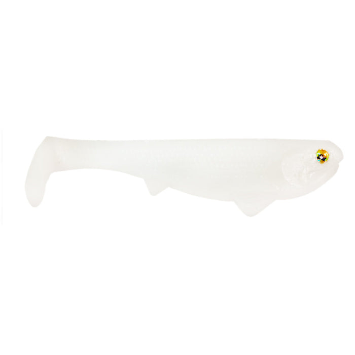 Optimum Baits Weedless Boom Boom Swimbait in pearl white, soft plastic fishing lure designed for weedless retrieval with lifelike paddle tail and detailed head for attracting fish.