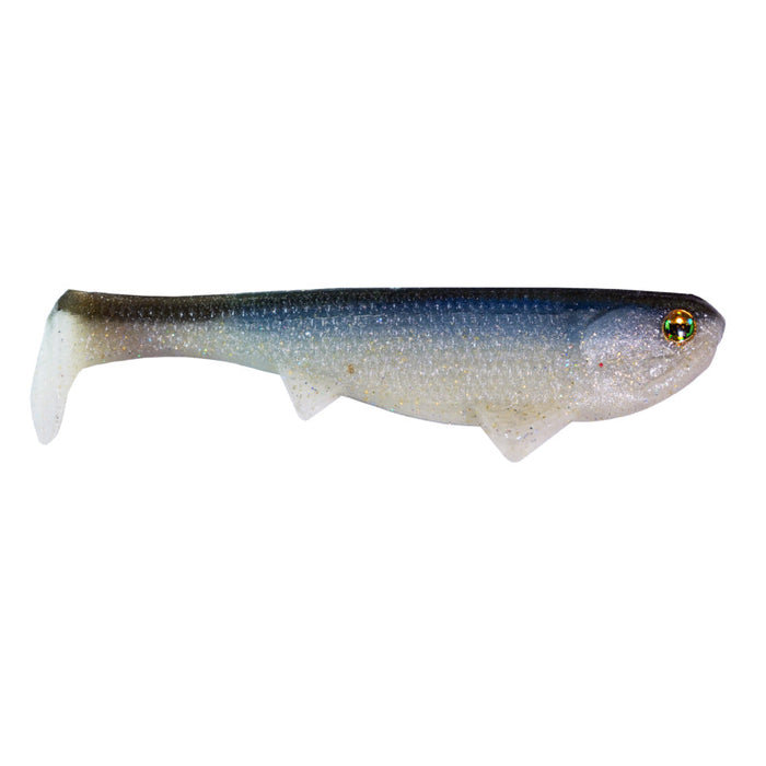 Optimum Baits Weedless Boom Boom Swimbait designed to mimic a small fish with blue and white gradient body, lifelike eyes, and soft flexible tail for fishing tackle.