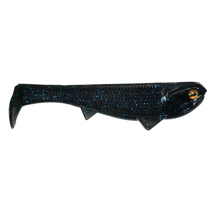 Optimum Baits Weedless Boom Boom Swimbait in black with blue flecks, designed to mimic a small fish with detailed fins and a paddle tail for lifelike movement in fishing tackle.