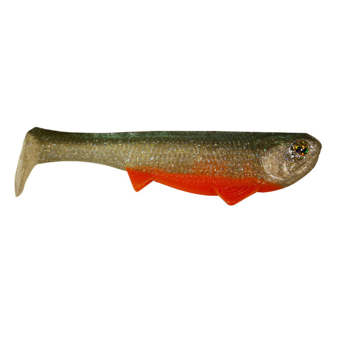 Optimum Baits Weedless Boom Boom Swimbait designed to mimic a small fish with green back, sparkly body, and bright orange belly for effective fishing lure use.