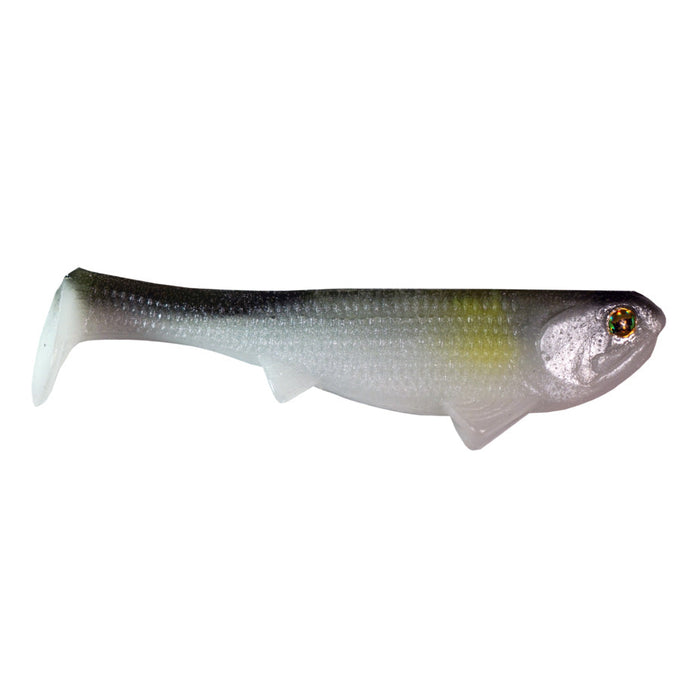 Optimum Baits Weedless Boom Boom Swimbait, a soft plastic fishing lure designed to mimic a small baitfish with a paddle tail for lifelike swimming action, featuring natural colors with a dark top and lighter underside.