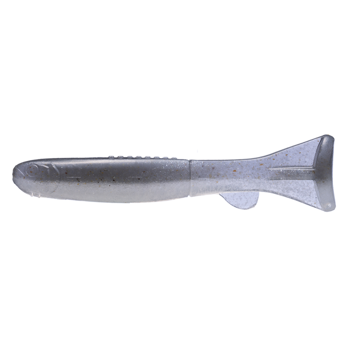 OSP HP Fish soft plastic fishing lure in a silver and gray color with a paddle tail, designed to mimic a small baitfish for effective fishing tackle use.