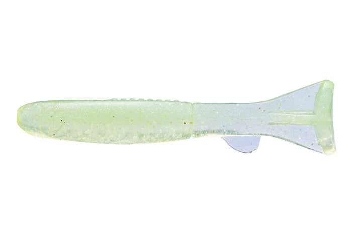 OSP HP Fish fishing lure in translucent pale green with small reflective flecks and paddle tail, designed for musky and other freshwater fishing.