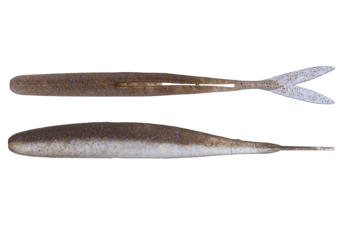 Two views of the OSP HP Minnow fishing lure in a natural brown and gray color with flecks of blue, designed for musky fishing tackle and fishing lure enthusiasts.