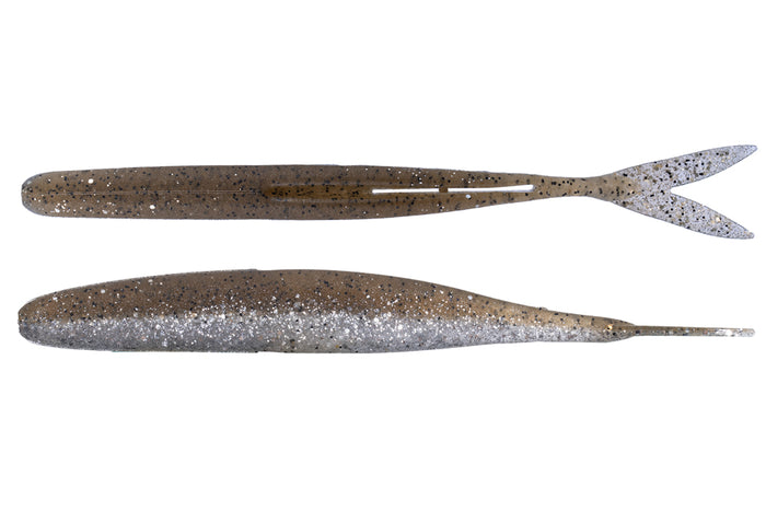 Two views of an OSP HP Minnow soft fishing lure in a natural brownish-gray color with silver glitter, featuring a slender body and a forked tail designed for lifelike movement.
