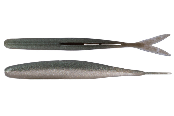 OSP HP Minnow fishing lure shown from top and side views, featuring a sleek dark green and silver body with a forked tail, designed for realistic movement in water.