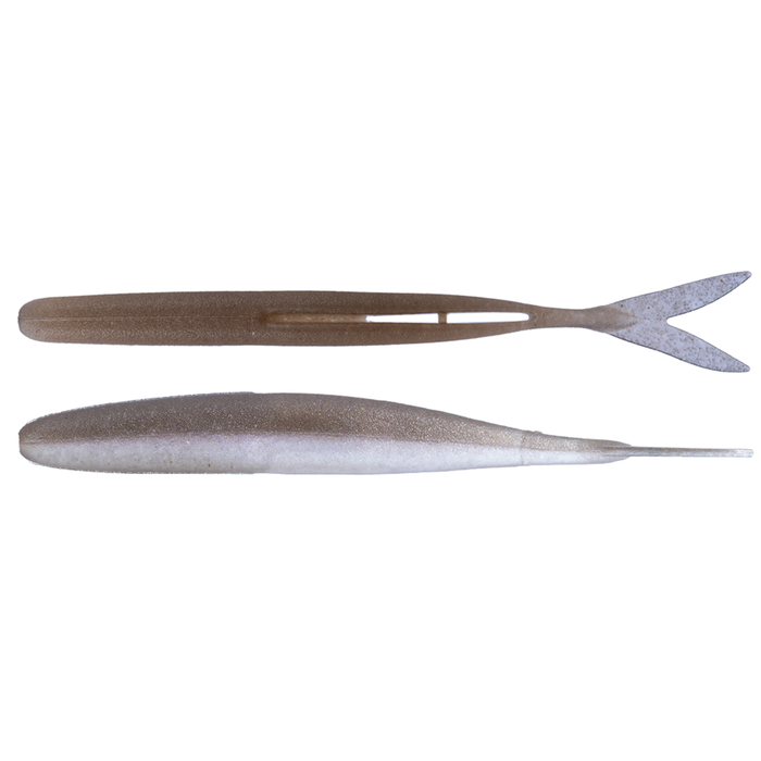 OSP HP Minnow fishing lure shown from top and side views, featuring a slender body with a soft paddle tail design for lifelike movement in water, ideal for fishing tackle collections.