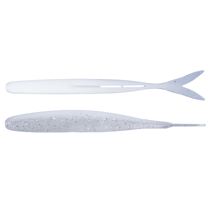 Two views of the OSP HP Minnow fishing lure in a translucent white color with black speckles, featuring a slender body and a forked tail, designed for effective fishing tackle use.