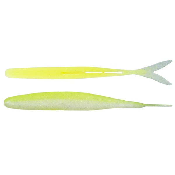 Two soft plastic fishing lures in pale yellow and white, one with a split tail and one with a slender body, designed as OSP HP Minnow fishing tackle for musky and other freshwater fish.