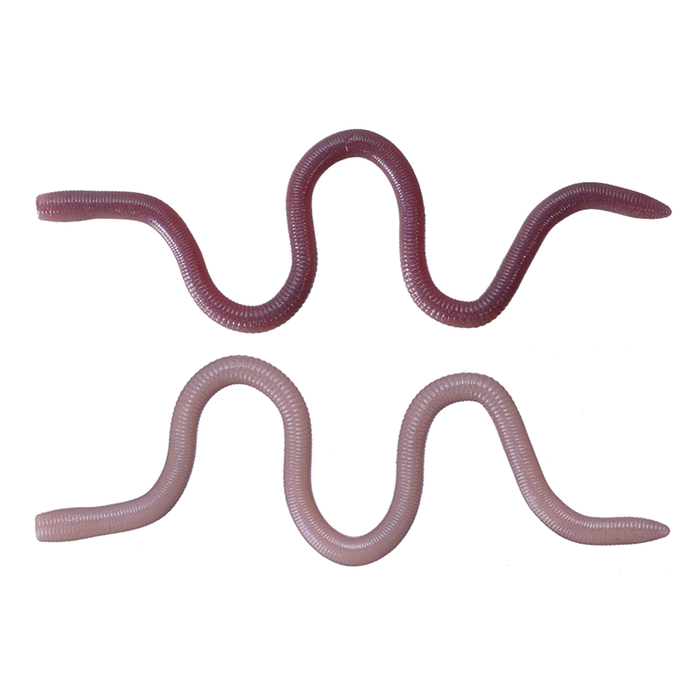 Two flexible fishing lures shaped like worms in shades of brown and pink designed for use as OSP MMZ Worm fishing tackle.
