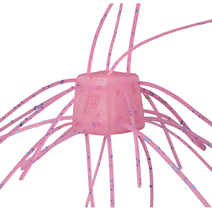 Close-up of a pink OSP Saikoro Rubber - Max Salt fishing lure skirt with multiple flexible strands speckled with blue glitter, designed for musky fishing tackle.