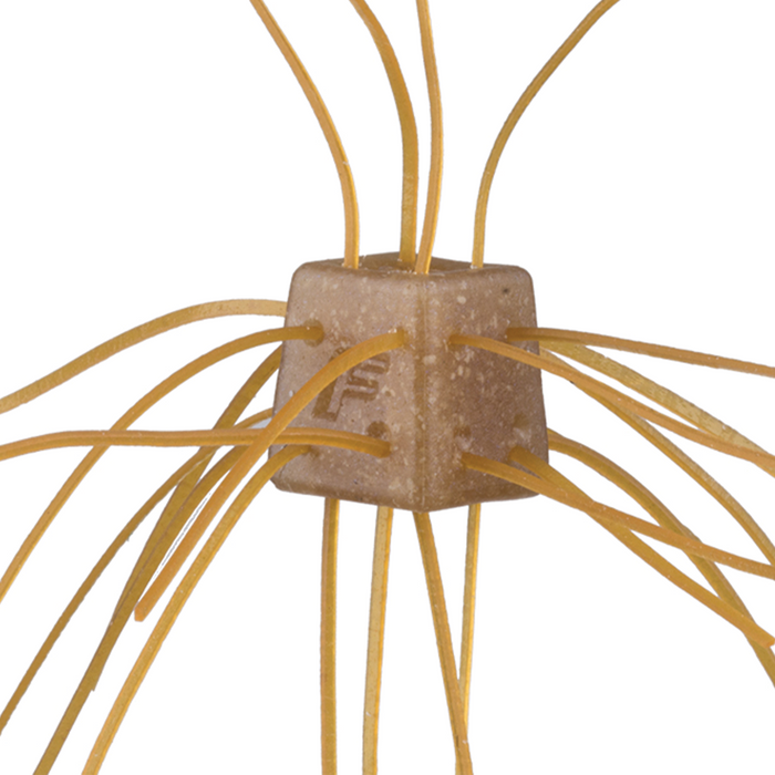 OSP Saikoro Rubber - Max Salt fishing lure in light brown with multiple thin rubber strands extending from a square-shaped central body designed for musky fishing tackle.