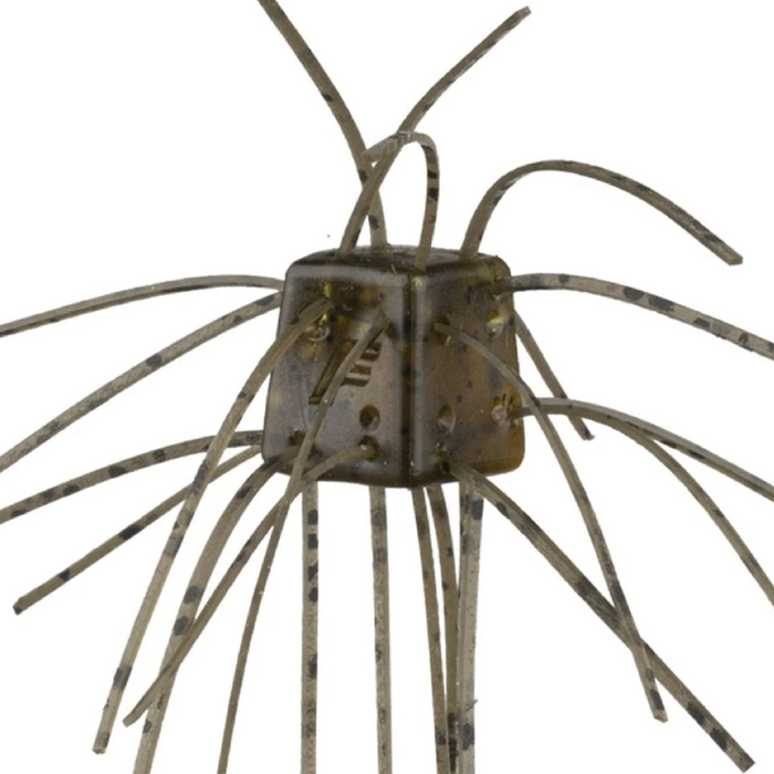 OSP Saikoro Rubber - Max Salt fishing lure with a cube-shaped body and multiple extended flexible rubber strands in a speckled olive color for realistic movement in water.