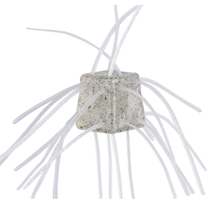 OSP Saikoro Rubber - Non Salt fishing lure with translucent white skirt strands and subtle black speckles, designed for musky fishing tackle use.
