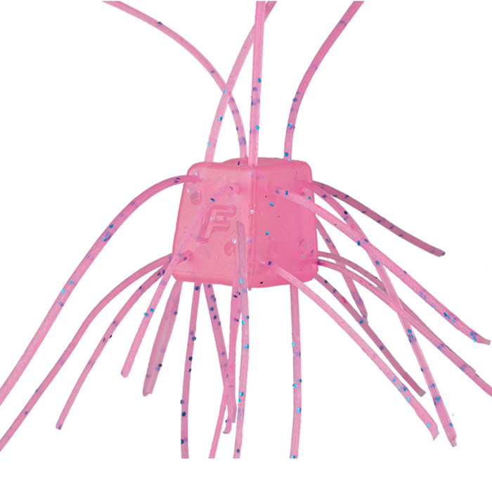 OSP Saikoro Rubber - Non Salt fishing lure in translucent pink with blue speckles, designed with multiple flexible rubber strands resembling tentacles for effective fishing tackle use.