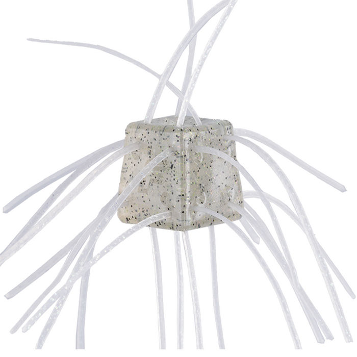 OSP Saikoro Rubber - Non Salt fishing lure in translucent white with multiple flexible rubber strands extending from a textured cube-shaped body, designed for musky fishing tackle.