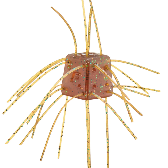 OSP Saikoro Rubber - Non Salt fishing lure featuring a translucent brownish rubber cube with embedded green and gold glitter, and multiple flexible tentacle-like appendages for musky fishing tackle.