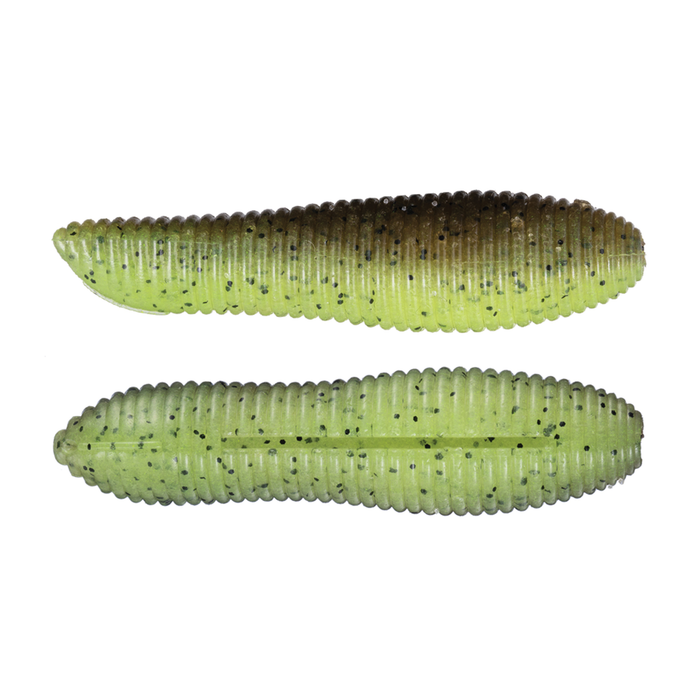 Two OSP Spinnuts fishing lures in green with black speckles and ribbed texture, designed for effective fishing tackle use.