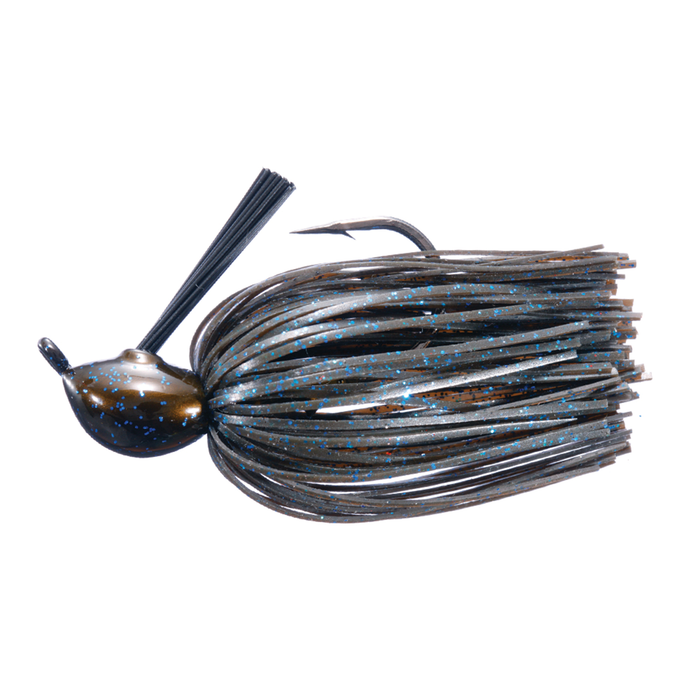 OSP Zero One Jig fishing lure featuring a weighted head, sharp hook, and a skirt with black and blue speckled strands for musky fishing and tackle enthusiasts.